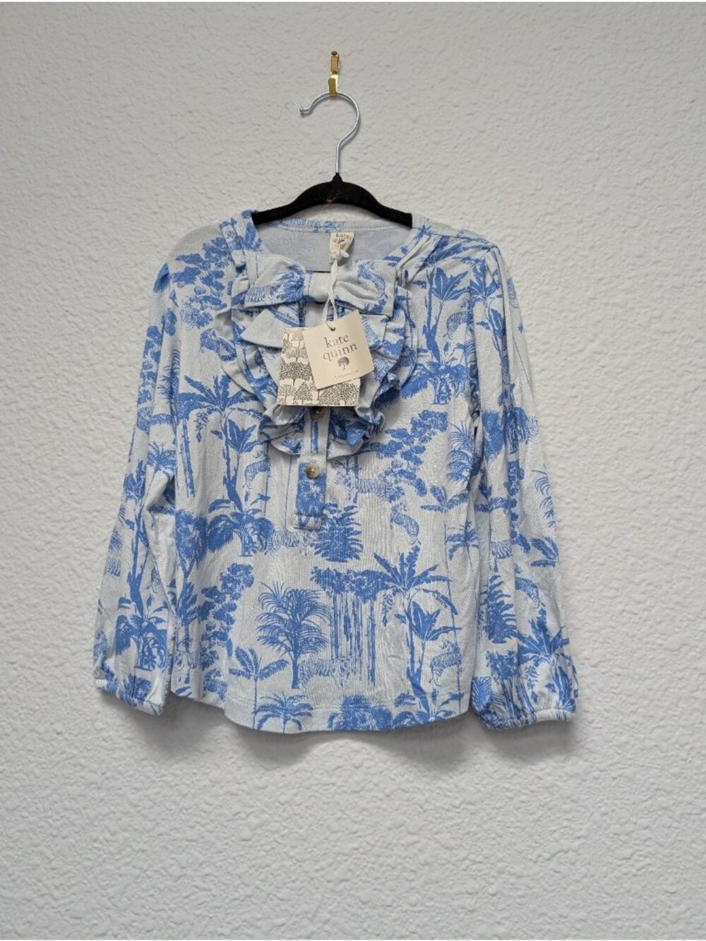 Kate Quinn Bamboo Blue Jungle Print Ruffle Bow Top 3T Design Sample
